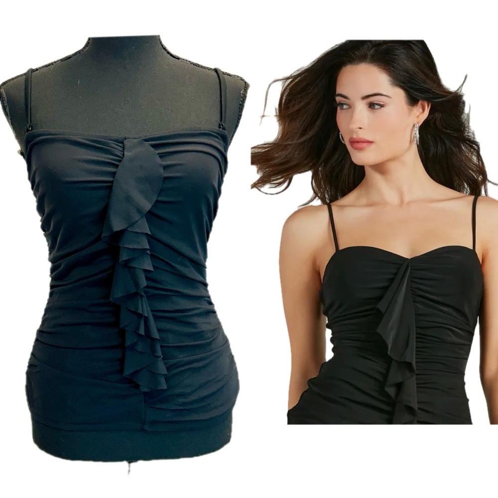 Be Creative black ruched ruffle frill sweetheart neckline tankini swimsuit top